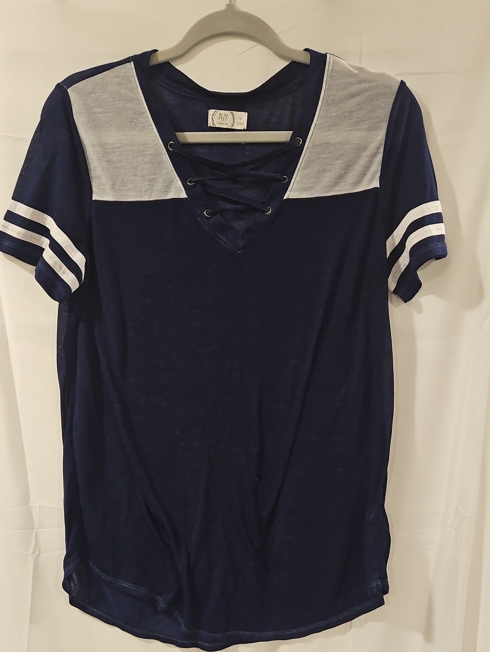 Maurices 24/7 Navy and Light Gray Lace-Up Short Sleeve Tee
